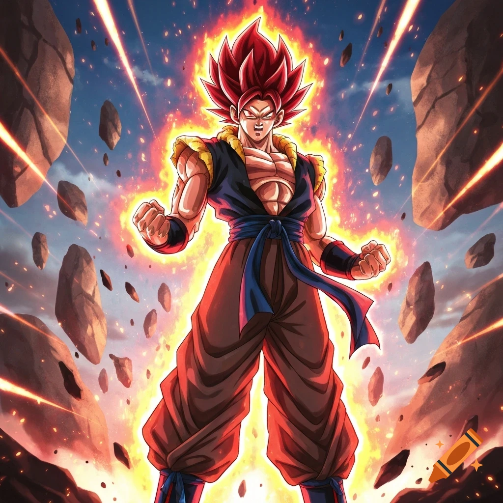 Anime character Gogeta in Super Saiyan God form, with spiky red hair and a fiery red aura, standing powerfully amidst floating rocks.