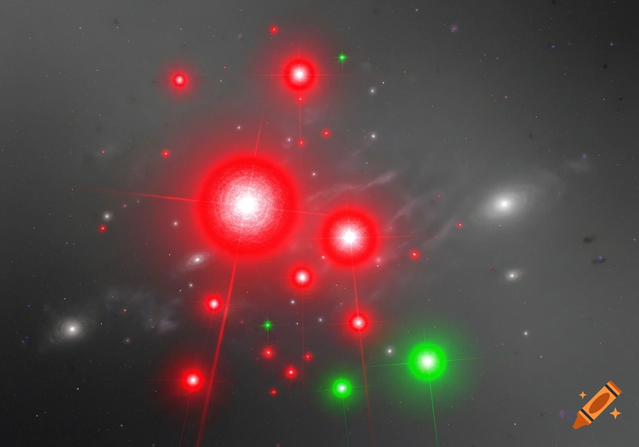 Red and green glowing stars scattered across a gray, star-filled galaxy background.