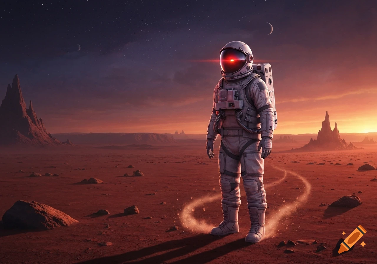 A photorealistic astronaut with glowing red eyes stands on a rocky red alien planet at sunset, with a crescent moon in the starry sky.