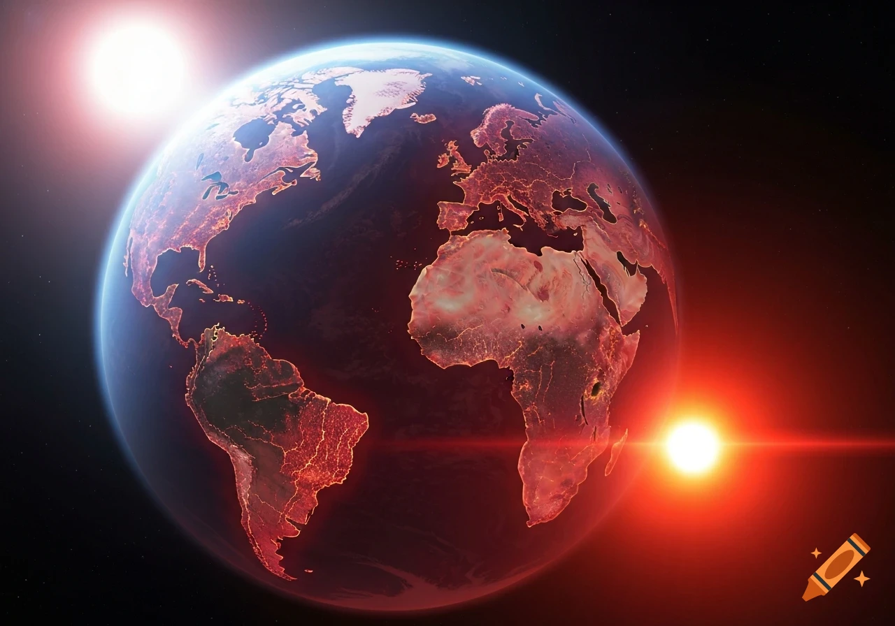 Molten Earth in space, with glowing red continents and a thin blue exosphere, illuminated by two bright suns.