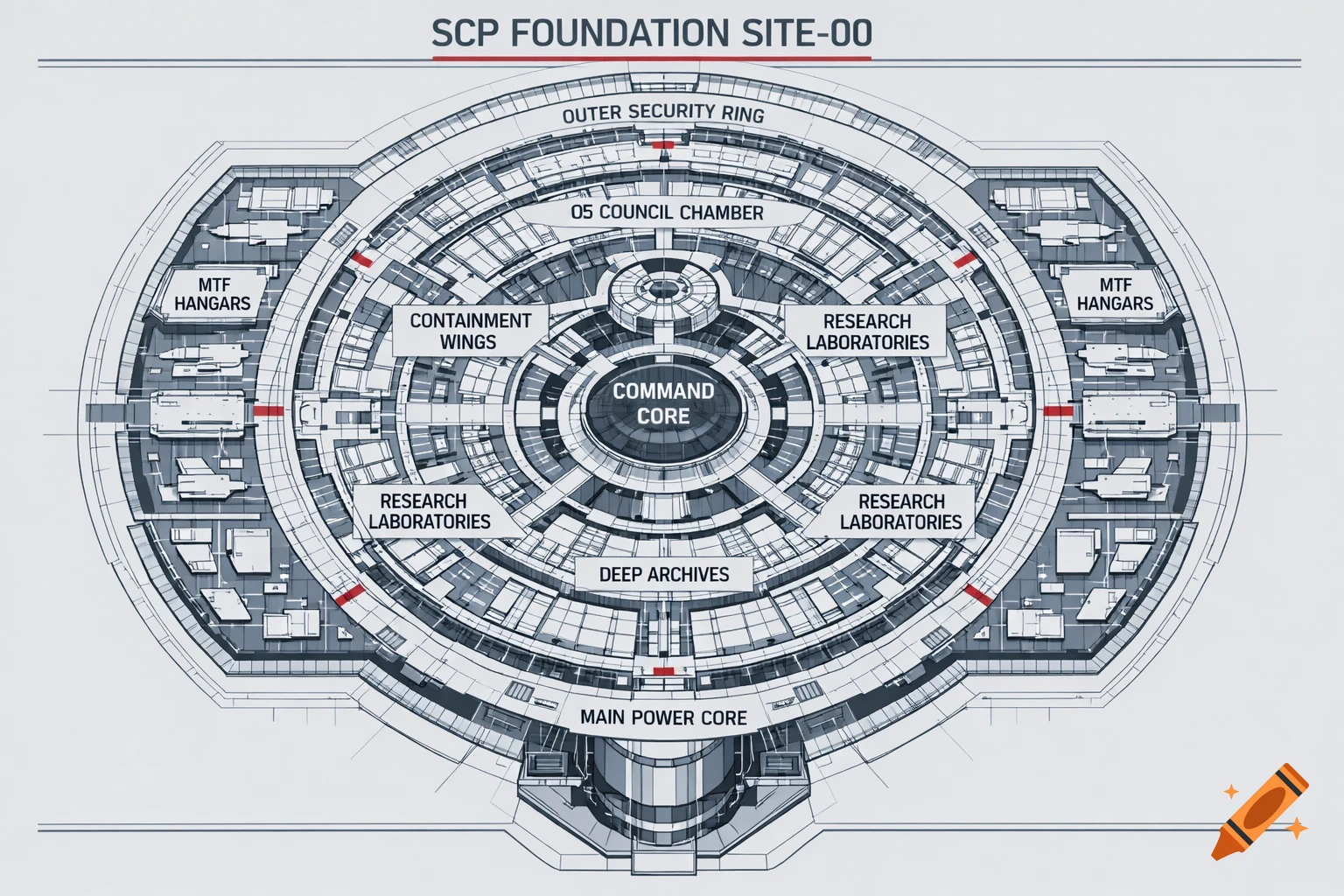 Top-down cutaway schematic map of a fictional underground facility, SCP Foundation Site-00, with concentric security rings, various labeled sections, in a clean blueprint style with red accents.