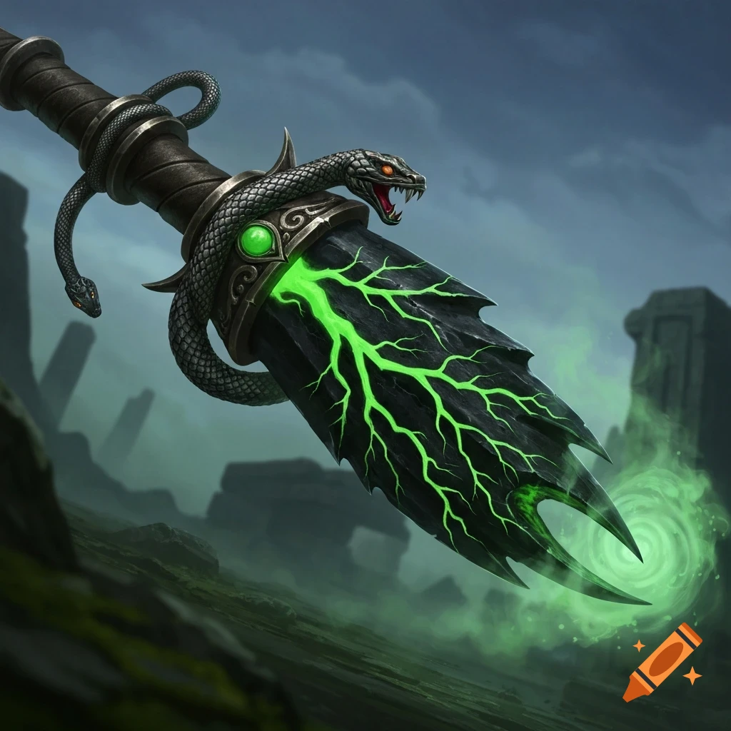 A detailed fantasy poison fang weapon with a serpent hilt, glowing green veins, and a misty tip against a dark, atmospheric background.