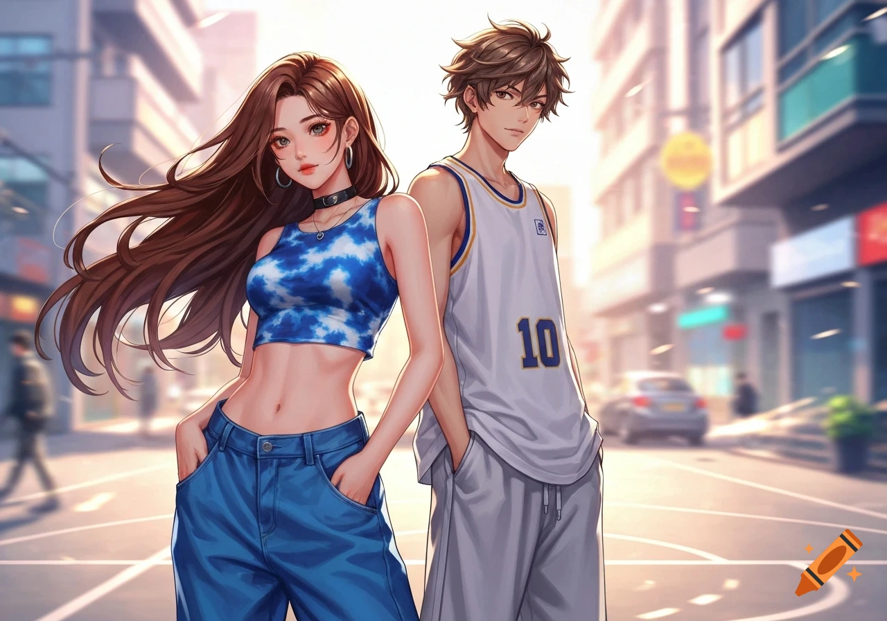 An anime boy in a white jersey and a girl in a blue tie-dye crop top and baggy jeans stand on a sunny city street.