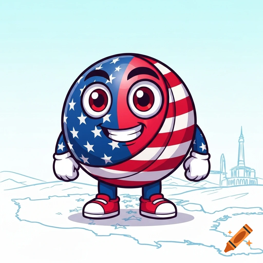 A smiling cartoon character representing the USA flag, with stars and stripes, stands on a map of the United States.