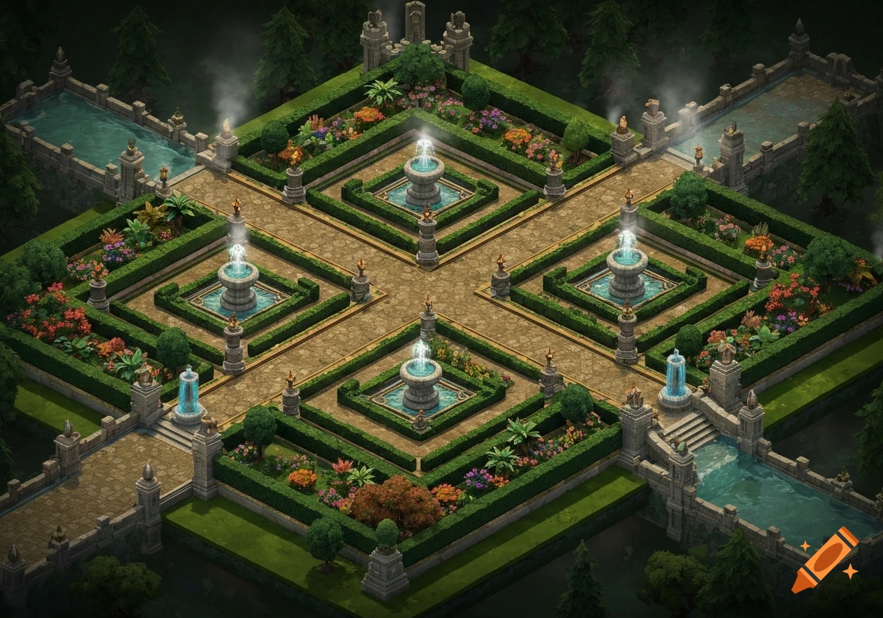 Isometric view of a beautiful, symmetrical garden layout with multiple fountains, hedges, and stone pathways, resembling video game art.