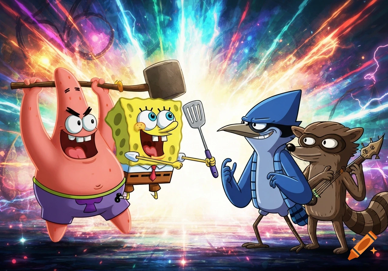 Patrick and SpongeBob with weapons face Mordecai and Rigby in a dynamic, colorful cartoon style against a cosmic background.