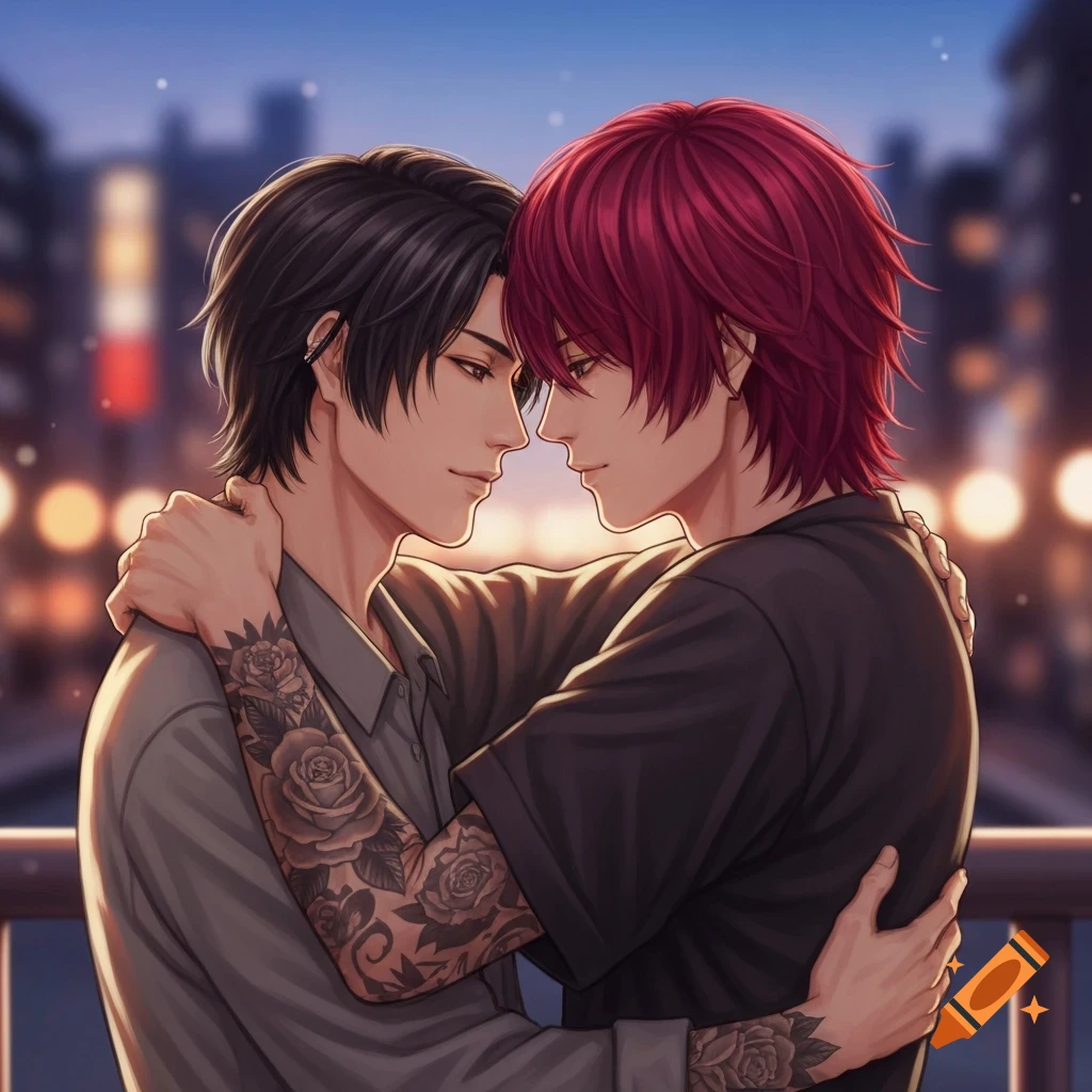 Two anime-style men embracing in a city at dusk. One has dark hair and rose tattoos, the other has shaggy red hair.