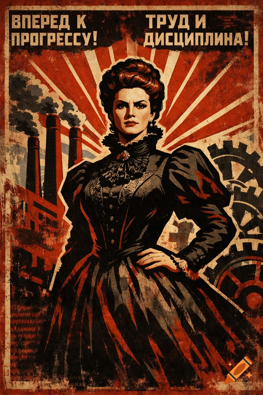 A vintage propaganda poster in red, black, and tan, depicting a stern Victorian woman standing in front of smoking factory chimneys and gears. Russian text is at the top.