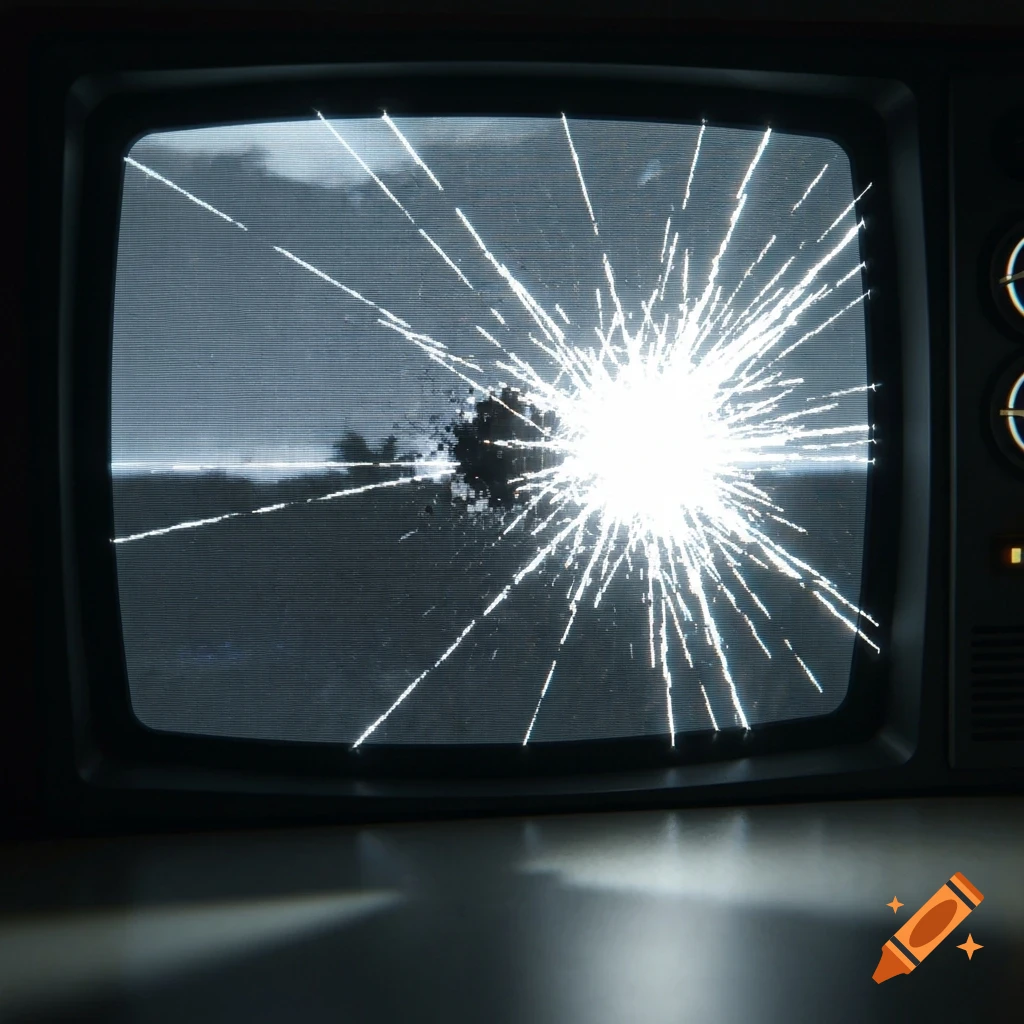 A broken vintage television screen displays a bright, star-shaped light burst in the center, with a dark landscape in the background.