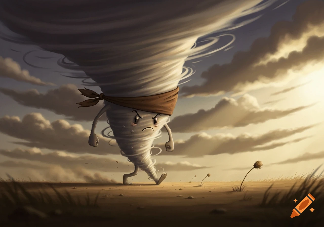 A determined cartoon tornado character with a brown bandana walks across a dry, dusty landscape under a cloudy sky.