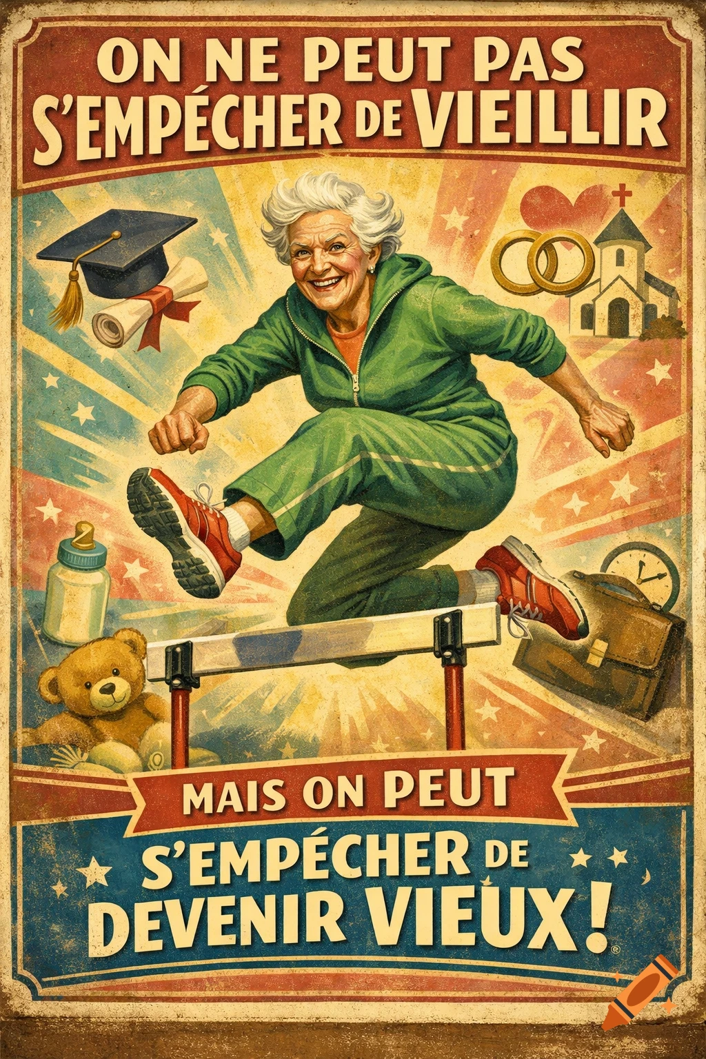 Vintage-style poster of a smiling older woman in a green tracksuit leaping over a hurdle, with symbols of life stages and French text.
