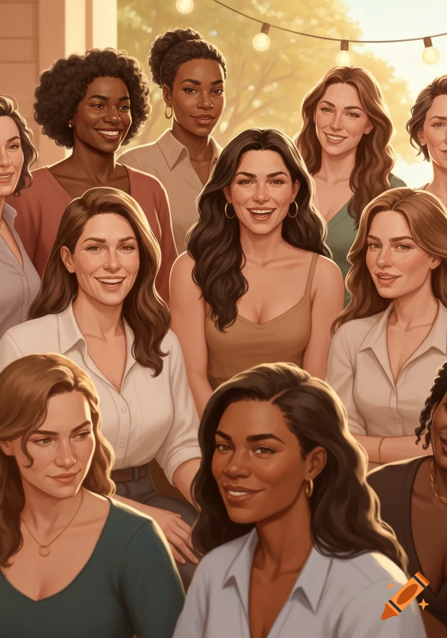 An illustrated group portrait of diverse women smiling outdoors with string lights in the background.