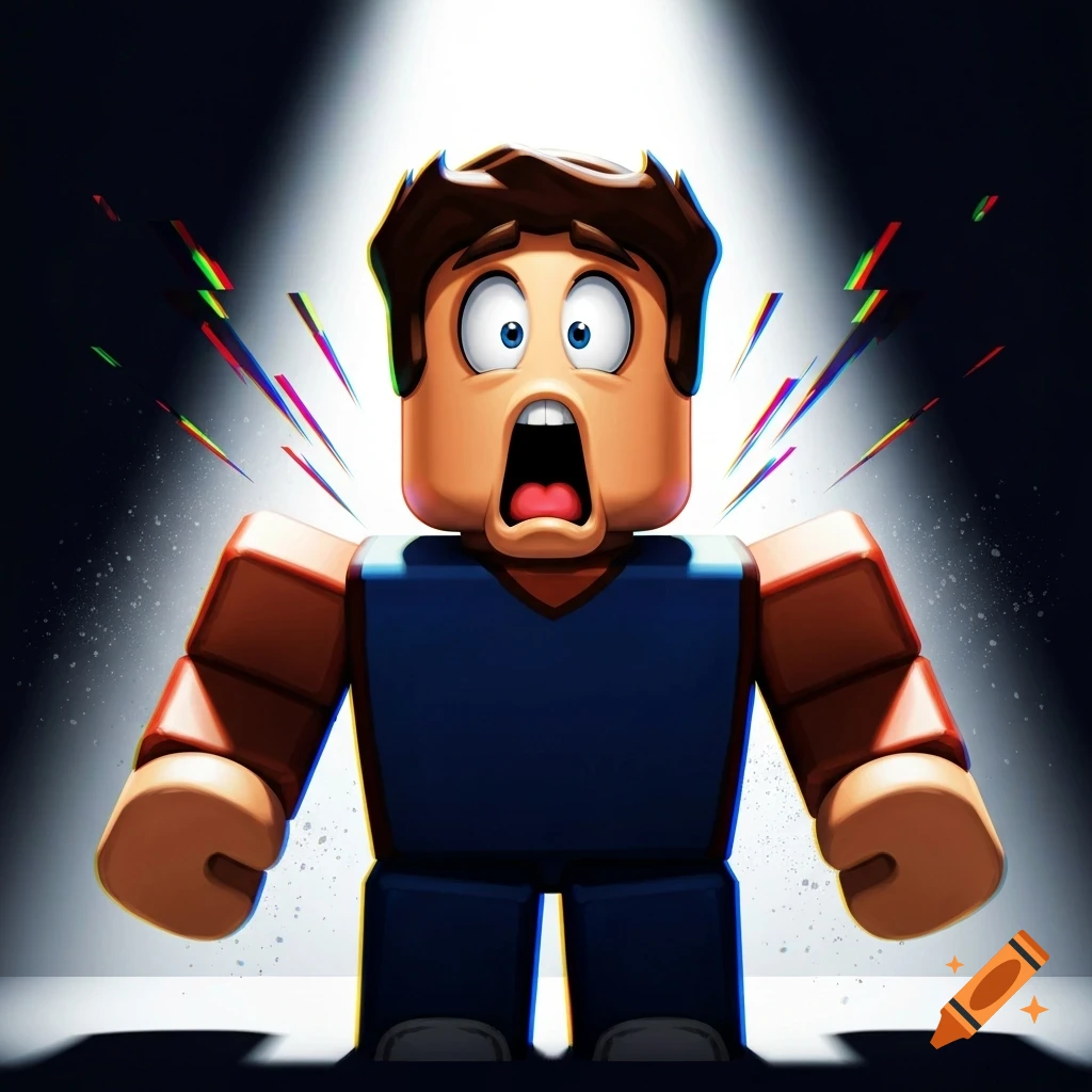 Roblox character with a shocked, screaming expression, surrounded by colorful glitch effects under a spotlight.