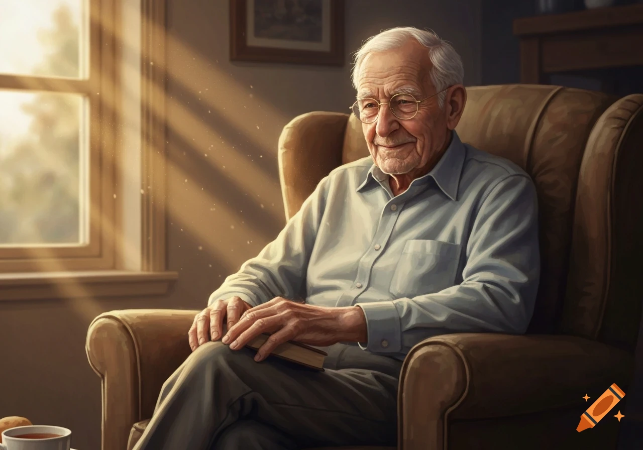 A smiling elderly man with white hair and glasses sits in a brown armchair, holding a book, bathed in sunbeams from a window. Photorealistic illustration.