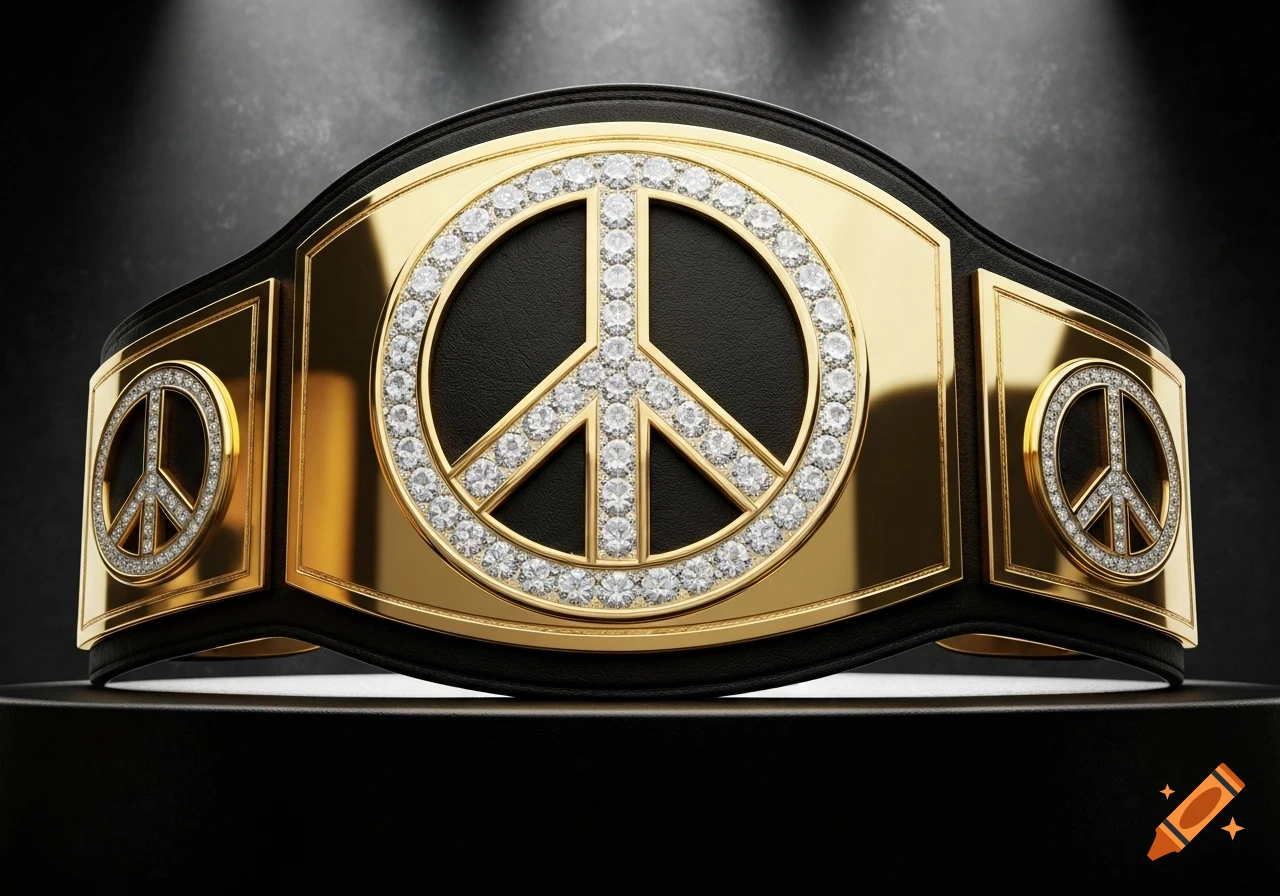 A close-up of a black and gold professional wrestling championship belt with diamond-studded peace signs.