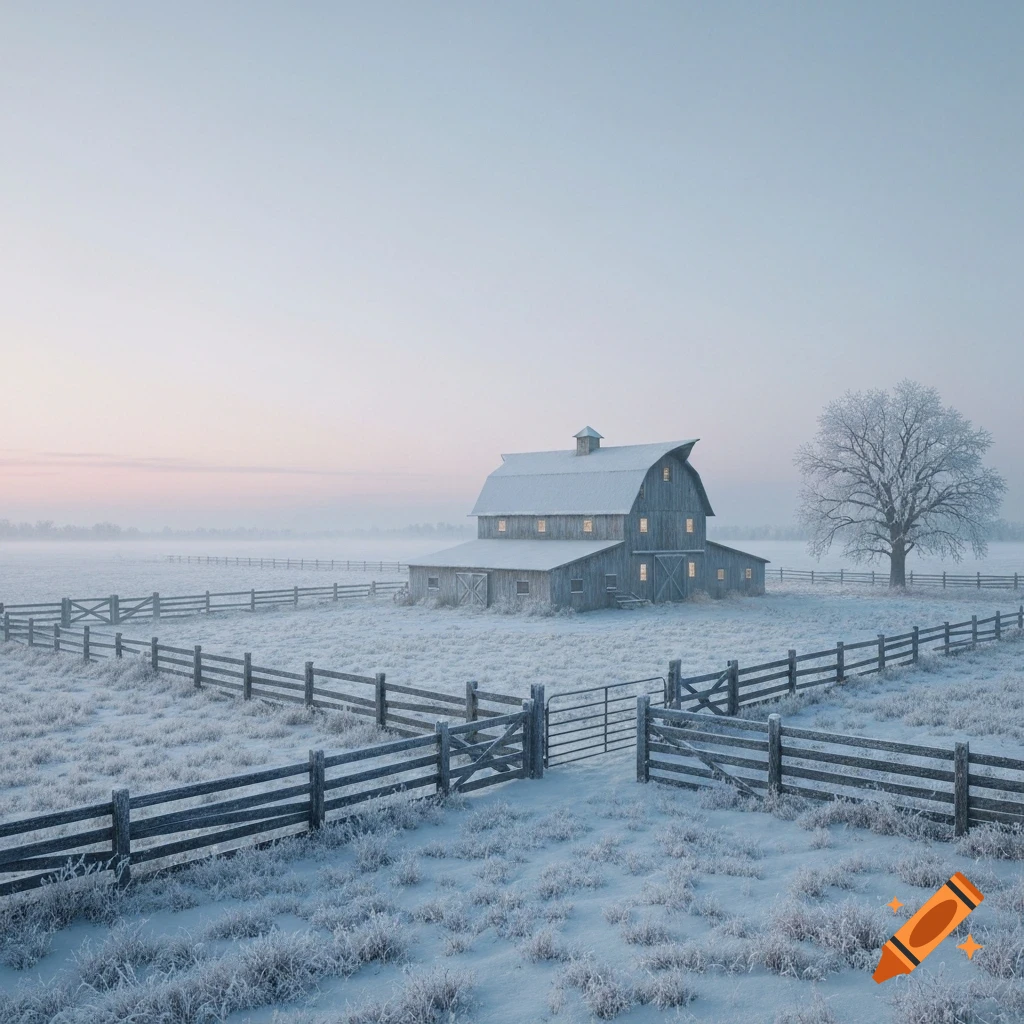 A snow-covered barn with glowing windows stands in a frosty field with ...