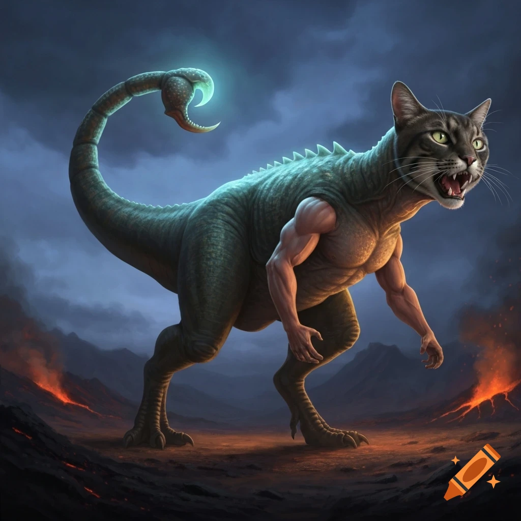 A photorealistic hybrid creature with a dinosaur body, human arms, cat head with snake eyes, and a glowing scorpion tail in a volcanic landscape.
