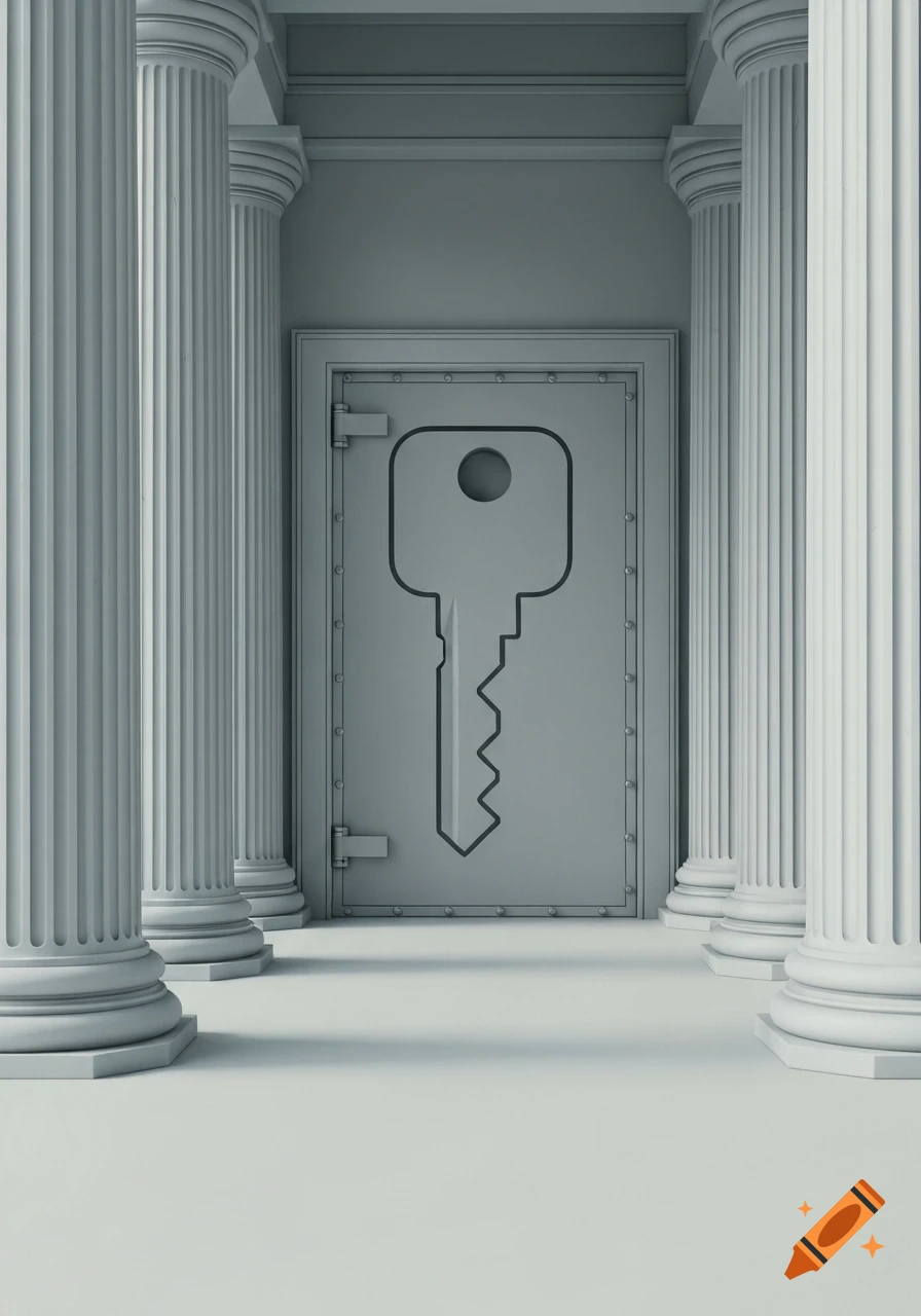 A minimalist grey image of Ionic columns framing a vault door with a key shape outlined in the negative space.