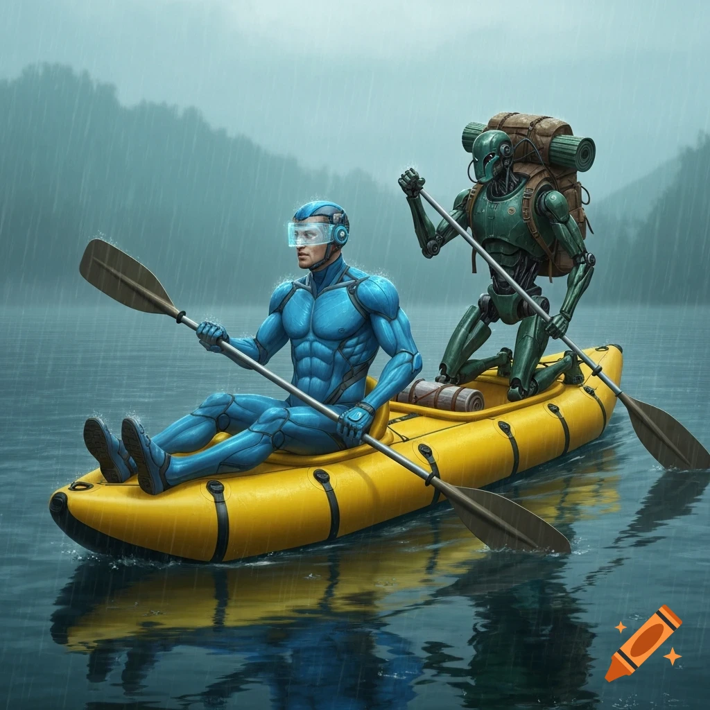 A man in a blue exoskeleton suit and a green robot paddle a yellow packraft on a rainy lake with mountains in the background.