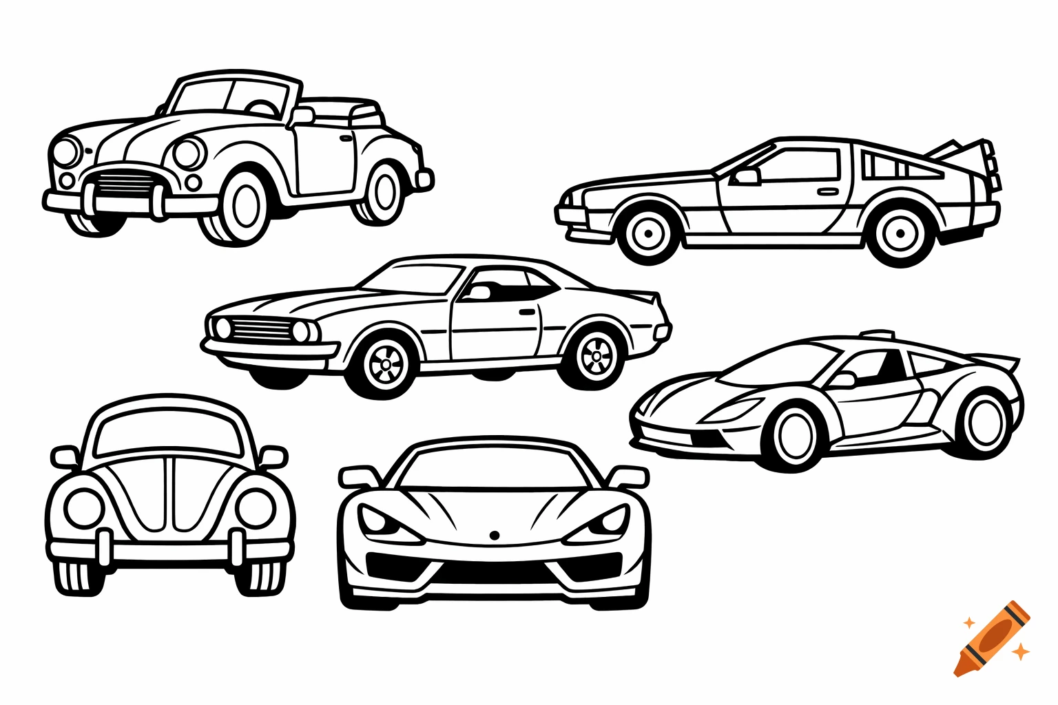 Line art illustration of various cars, including a convertible, Beetle, sports car, and DeLorean, in a coloring book style.