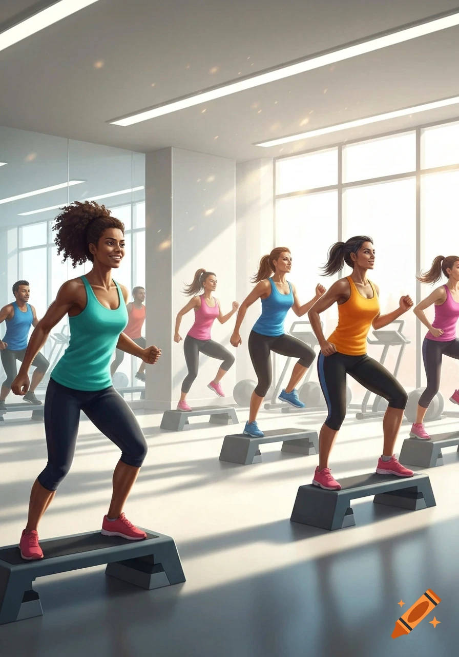 A diverse group of people performing step aerobics in a bright gym with large windows.