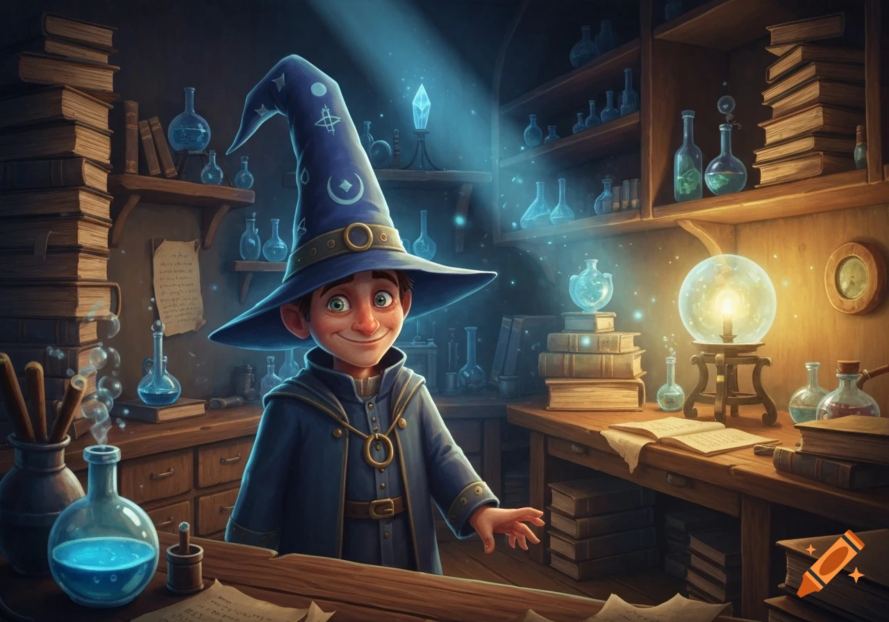 A smiling cartoon wizard in a blue pointed hat stands in a magical study filled with glowing potions and books.