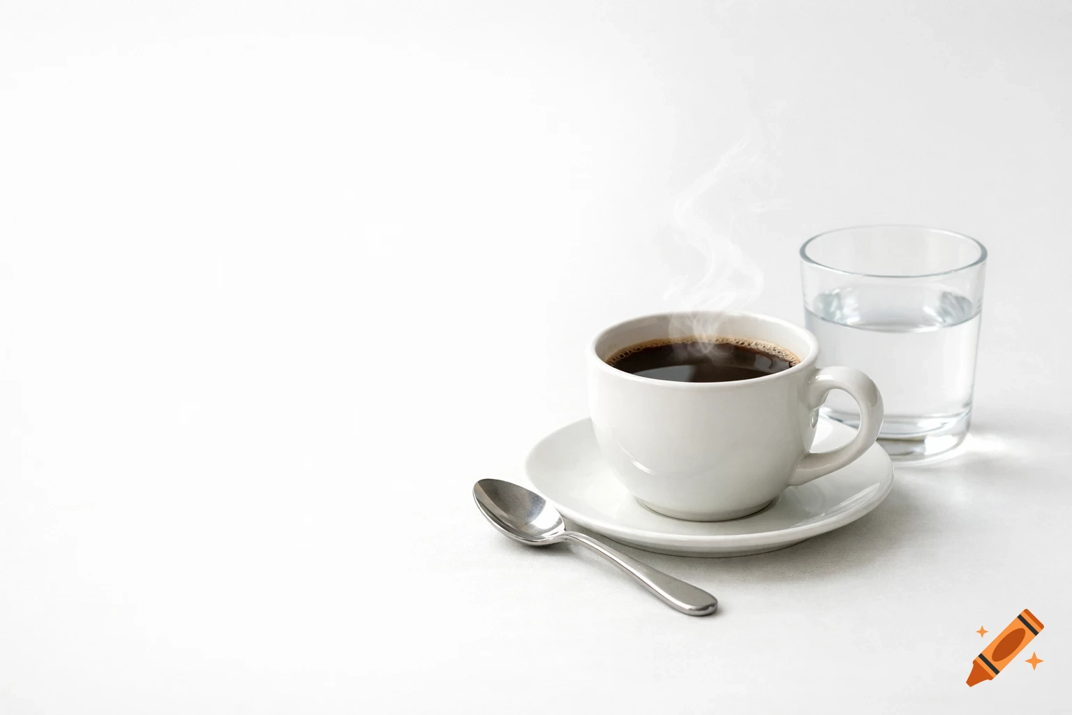 Steaming cup of black coffee on a white saucer with a spoon, next to a glass of water on a light background.