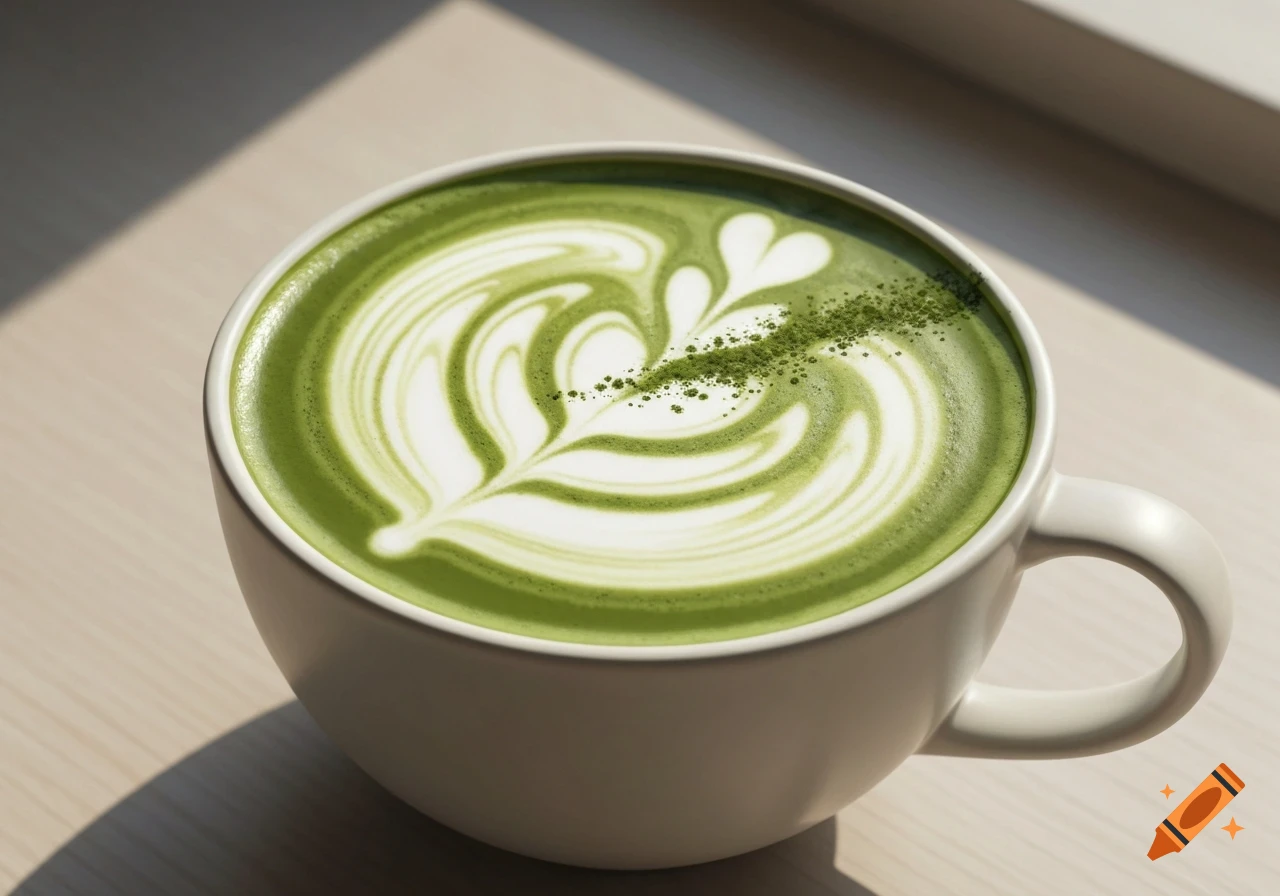 Close-up of a vibrant green matcha latte in a white mug, featuring intricate latte art on a light surface with sunlight.