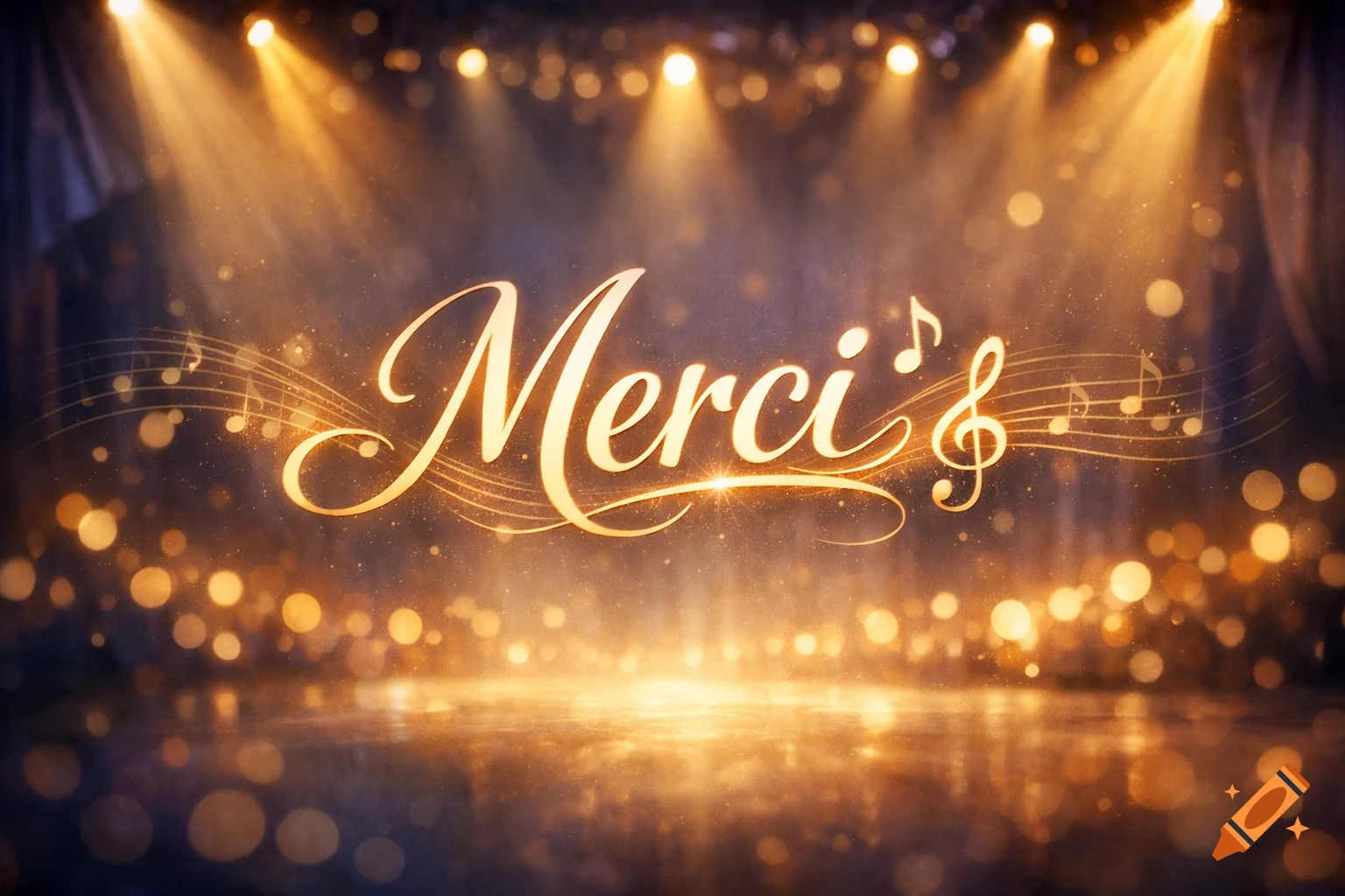 Glowing 'Merci' text on a sparkling stage with golden spotlights and musical notes, surrounded by bokeh lights.