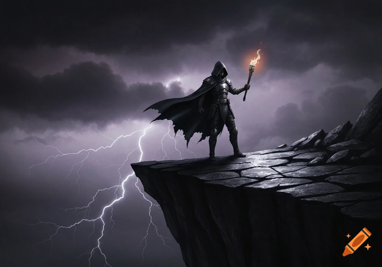 A cloaked, armored figure holds a torch on a cliff edge as lightning strikes in a stormy, dark sky.