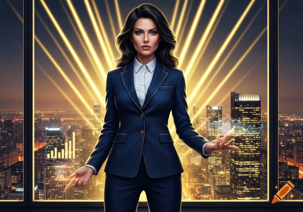 A confident woman in a navy business suit stands before a window overlooking a glowing cityscape with financial graphs and golden light rays.