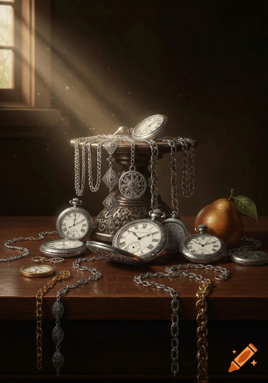 A still life with multiple silver pocket watches, chains, and a pear on a dark wooden table, illuminated by a sunbeam from a window.