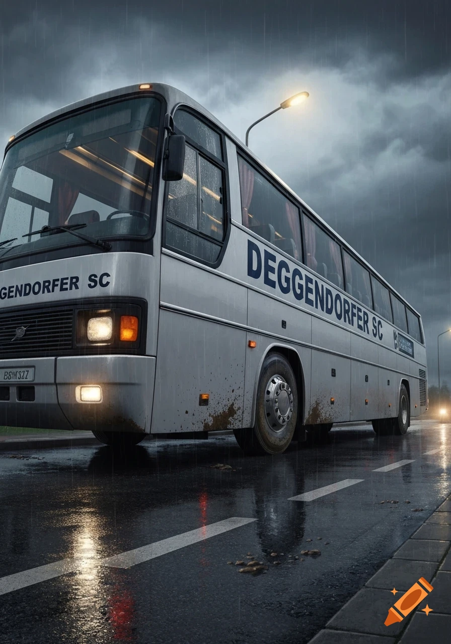 A photorealistic grey bus with 'DEGGENDORFER SC' on its side, driving on a wet road at dusk during a rainy downpour.
