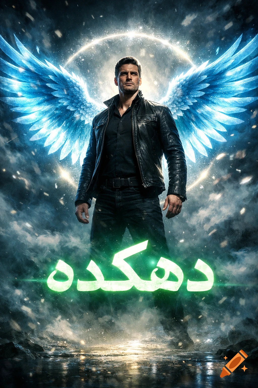 A heroic man with glowing blue wings and a halo stands dramatically, with the word 'دهکده' at his feet, in a cinematic, stormy setting.