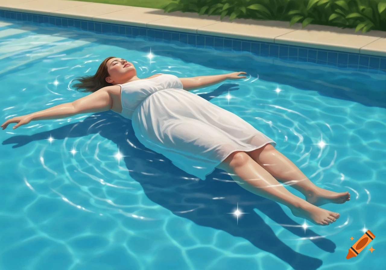 A woman in a white dress floats peacefully on her back in a sunlit blue swimming pool.