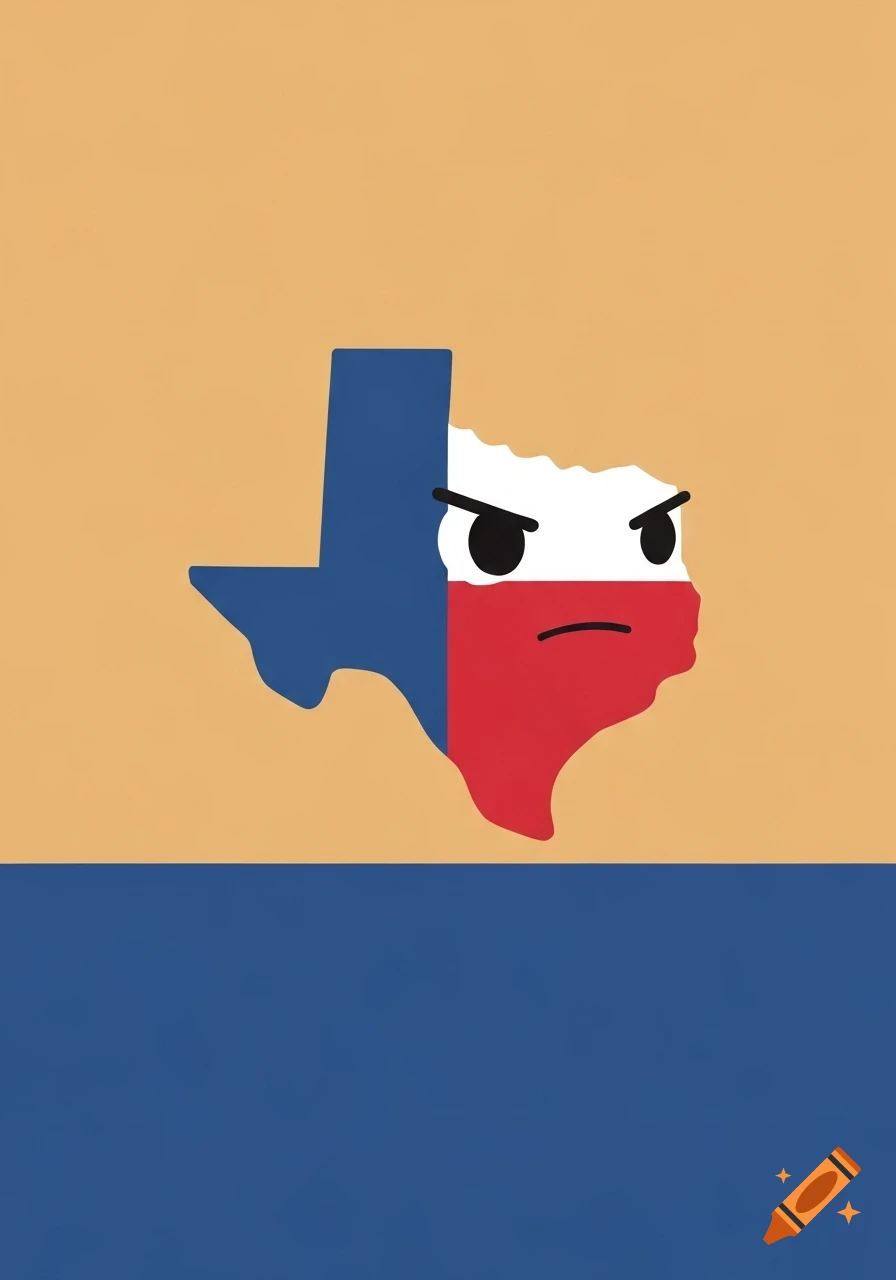 A stylized cartoon map of Texas with an angry expression, colored like the Texas flag, on a two-tone beige and blue background.