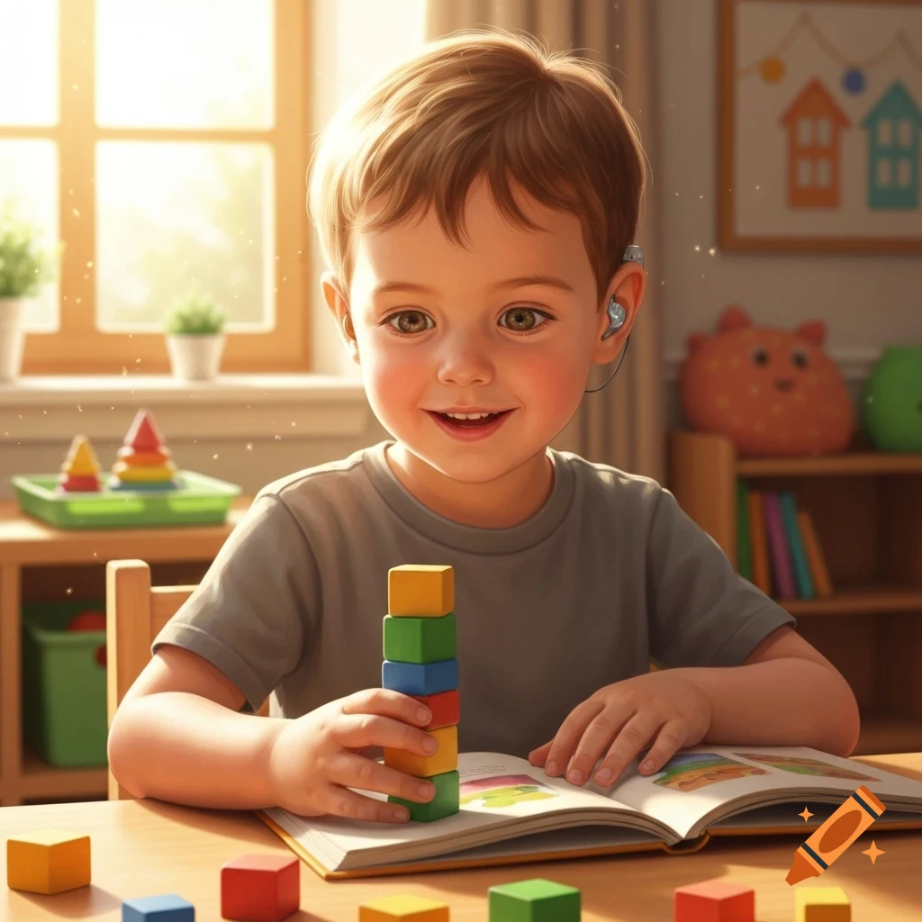 A happy toddler with a hearing aid sits at a table, stacking colorful wooden blocks on an open book in a bright room. Photorealistic.