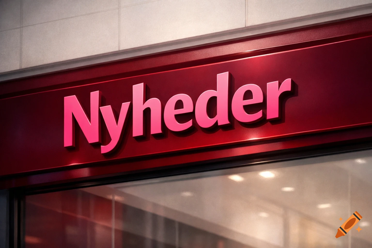 A close-up of a dark red metallic sign with 3D pink letters spelling "Nyheder" above a reflective window.