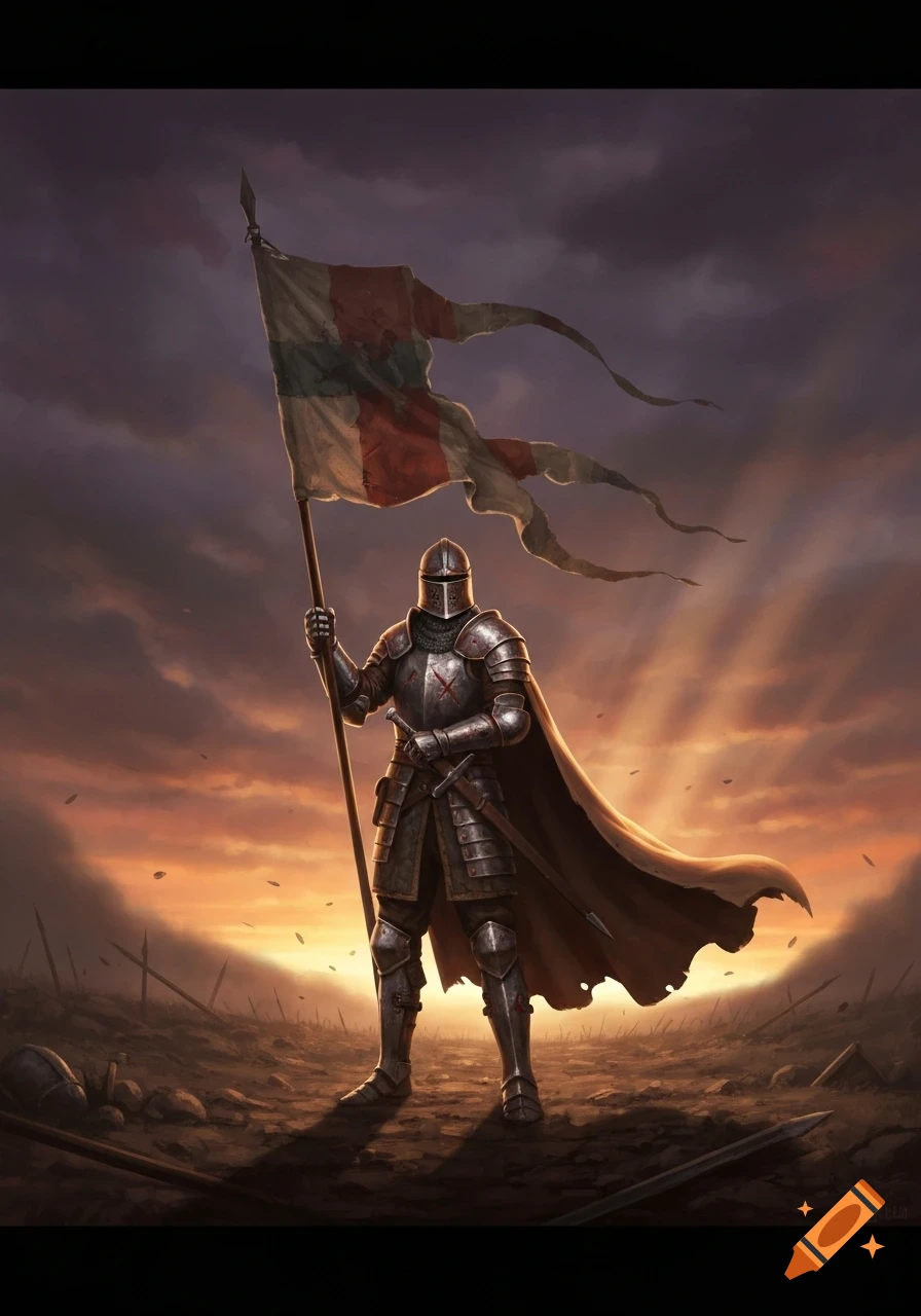 A knight in full armor stands on a muddy battlefield, holding a tattered flag against a dramatic sunset sky.
