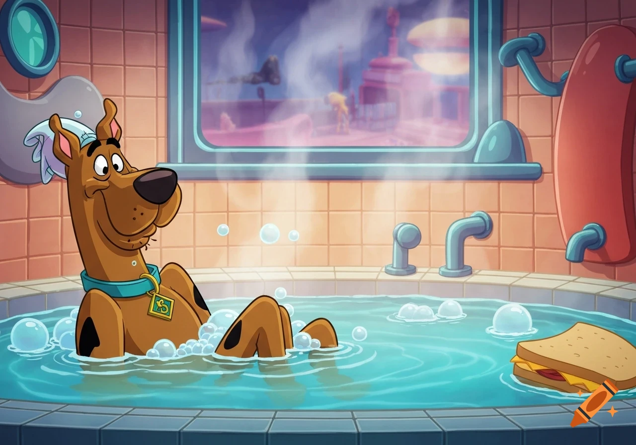 Scooby-Doo relaxing in a bubbly hot tub with a sandwich floating nearby, cartoon style.