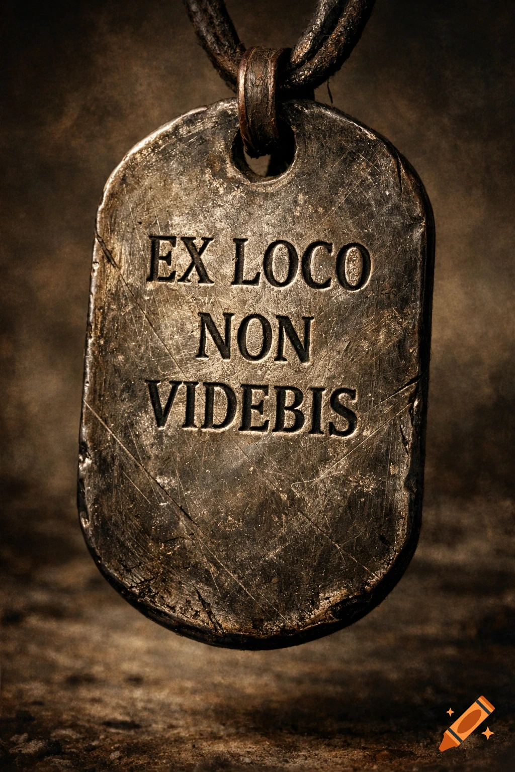 Close-up of a weathered, metallic dog tag hanging on a leather cord, inscribed with 'EX LOCO NON VIDEBIS'.