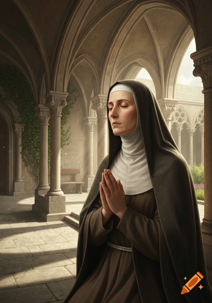 A hyper-realistic portrait of a nun with clasped hands and closed eyes, praying in a cloister with arched columns.