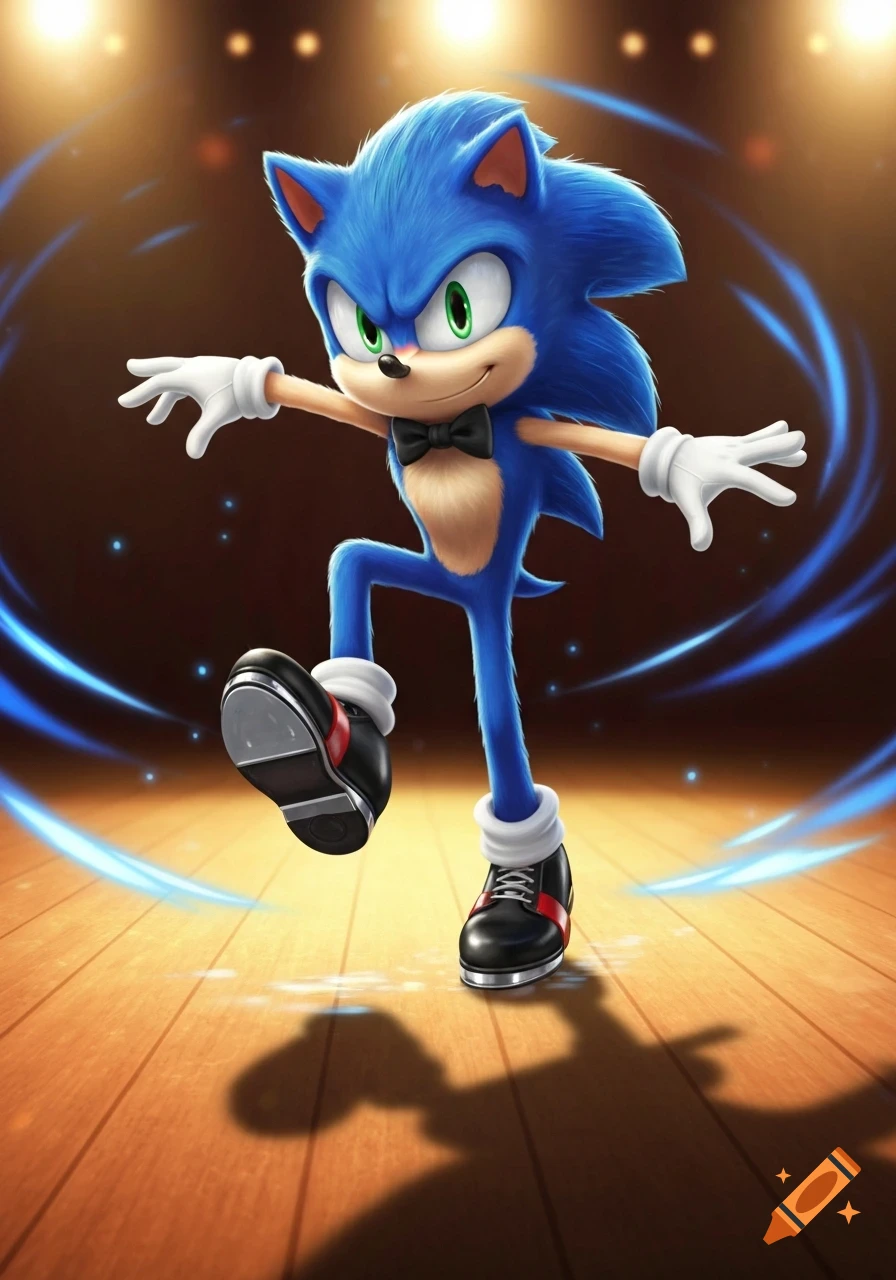 Vibrant illustration of Movie Sonic the Hedgehog tap dancing on a wooden stage, wearing a black bow tie, white gloves, and black tap shoes.