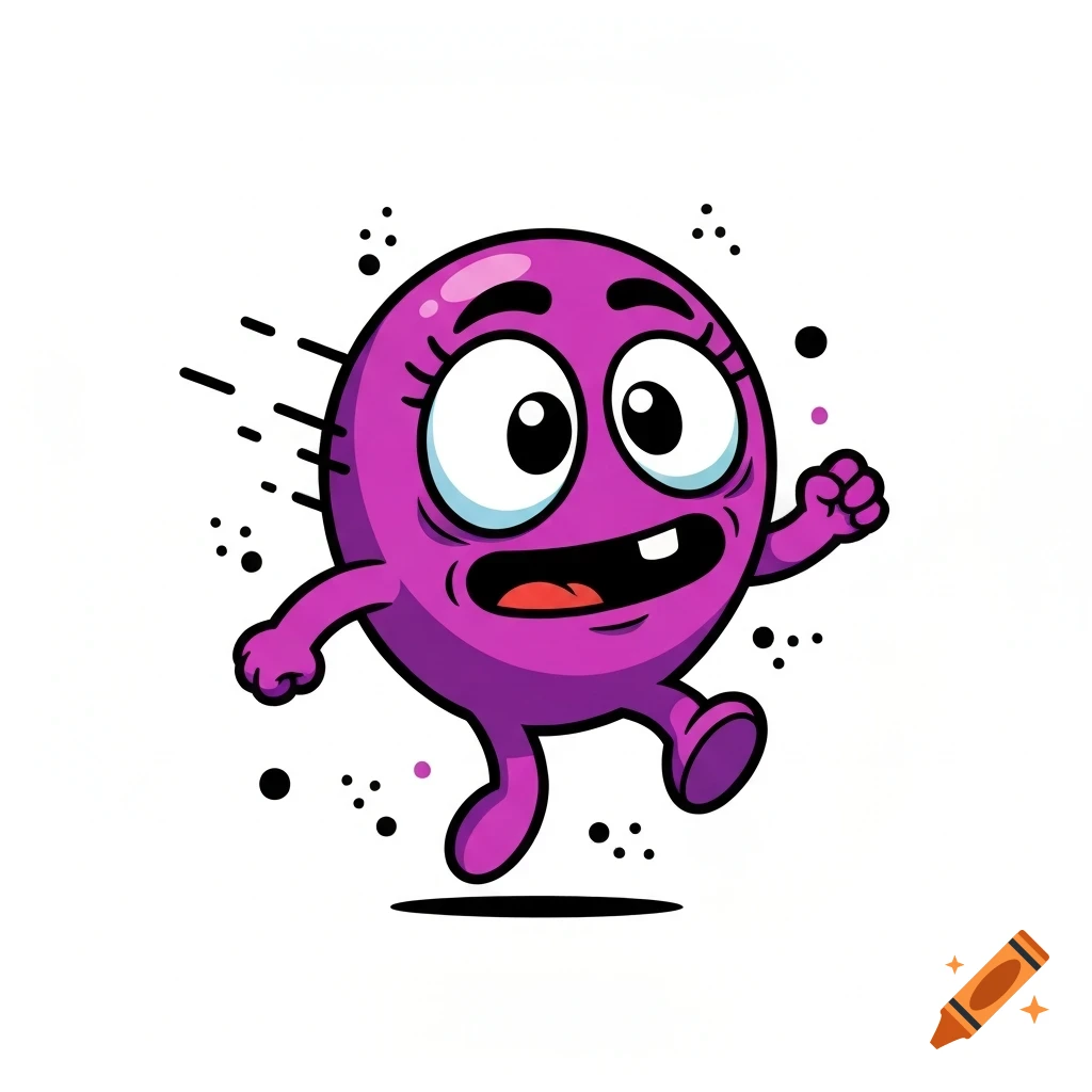 A vibrant purple cartoon monster with large eyes and a wide grin hops happily, surrounded by motion lines and dots.