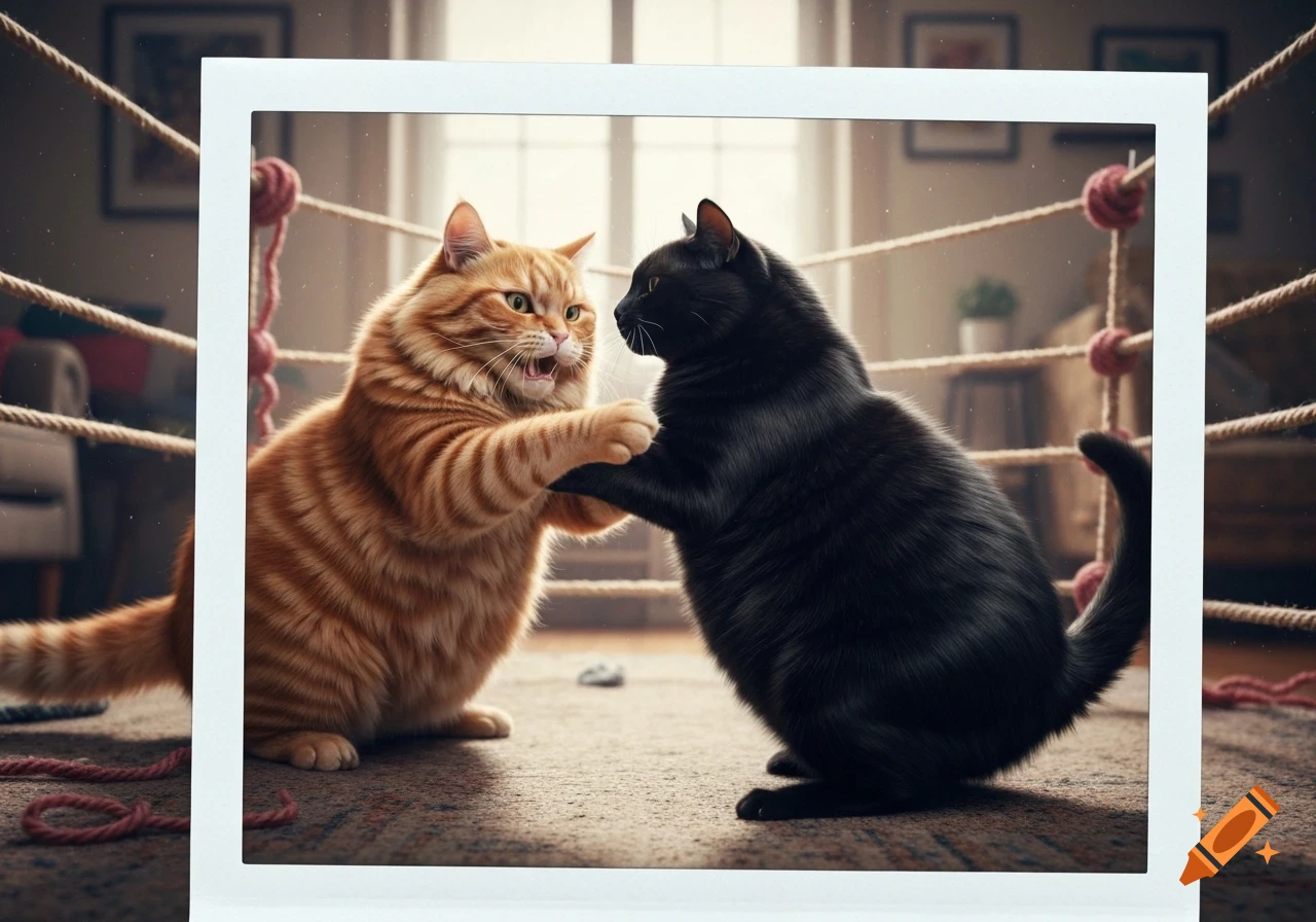 Realistic photo of an orange tabby and a black cat play-fighting in a wrestling ring, framed like a Polaroid.