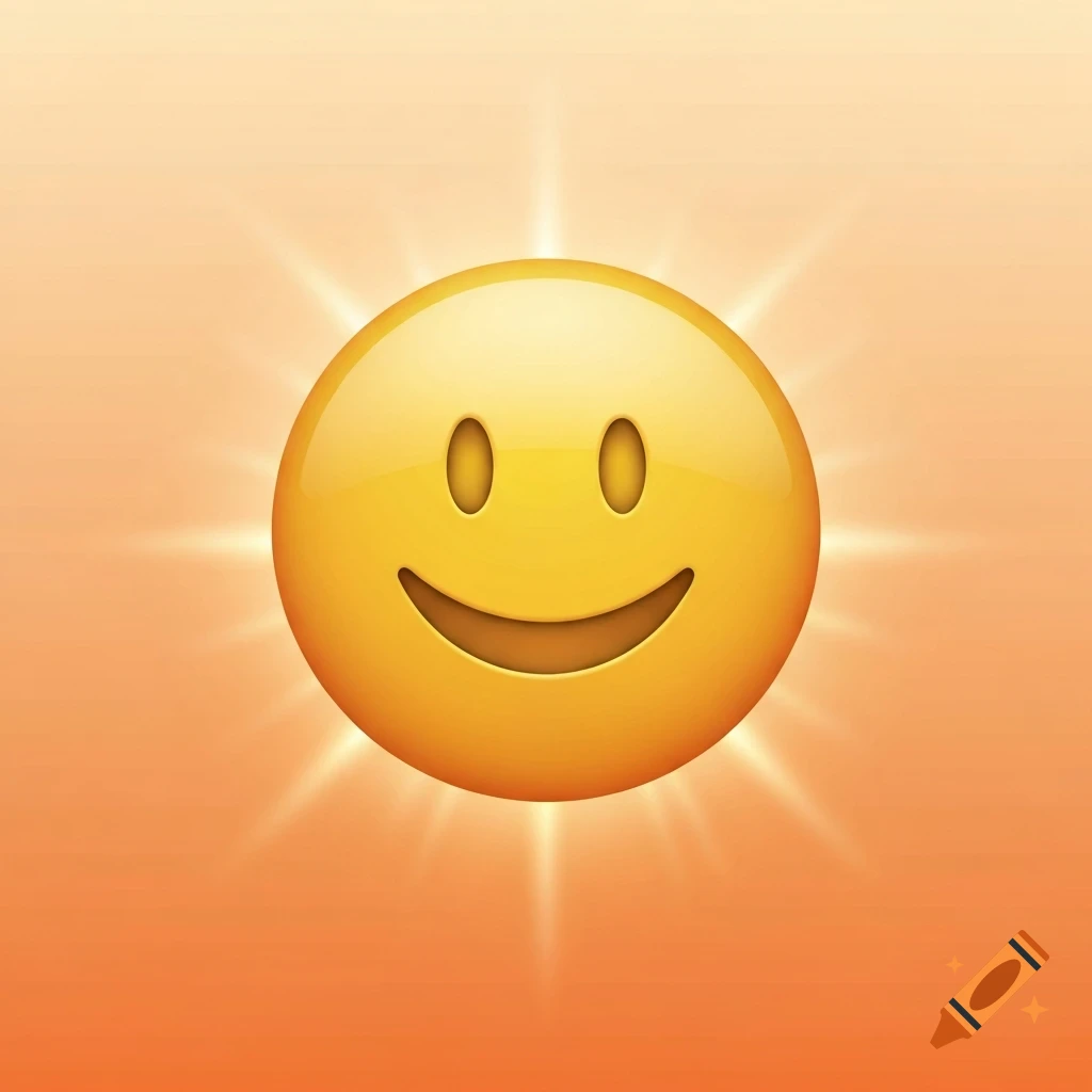 A glowing yellow smiley face emoji on an orange background with sun-like rays.