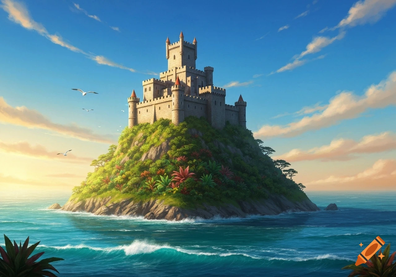 Vibrant illustration of a majestic castle on a lush, tropical island in ...