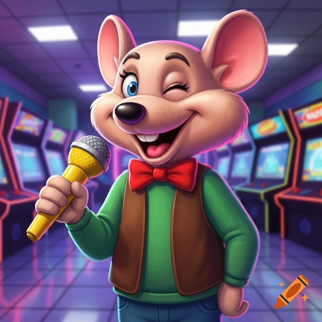 A cartoon mouse with a red bow tie winks while holding a microphone in a neon-lit arcade.