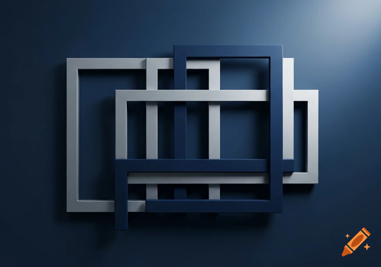 Abstract geometric composition of intertwined silver and dark blue rectangular frames on a dark blue background.
