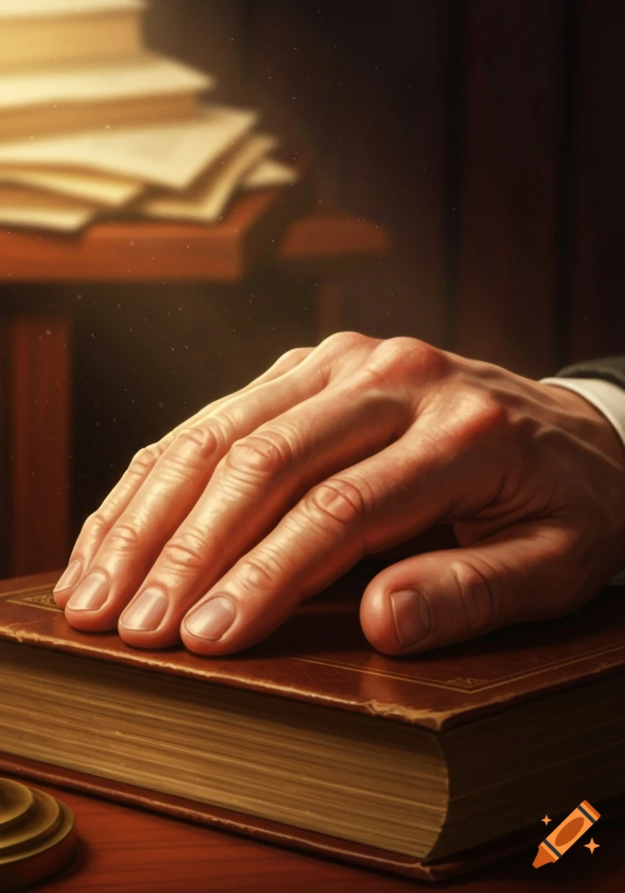 A man's hand with five fingers resting on a brown leather-bound book on a wooden desk with a stack of papers in the background, lit by a warm glow.